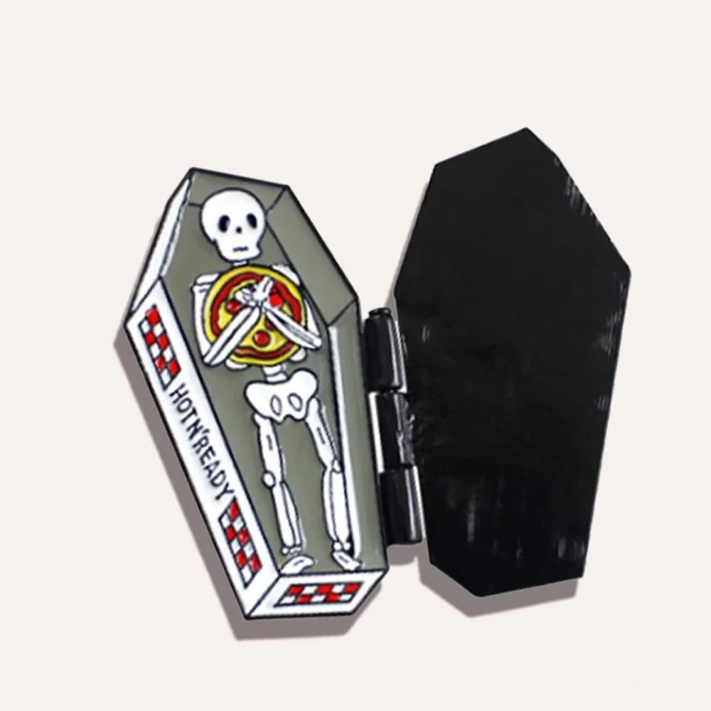 Pizza Coffin Skeleton Pin NEW Rest in Pizza Brooch Halloween Opening Hot n Ready